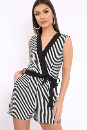 Black and White V-Plunge Striped Playsuit - Kaitlynn