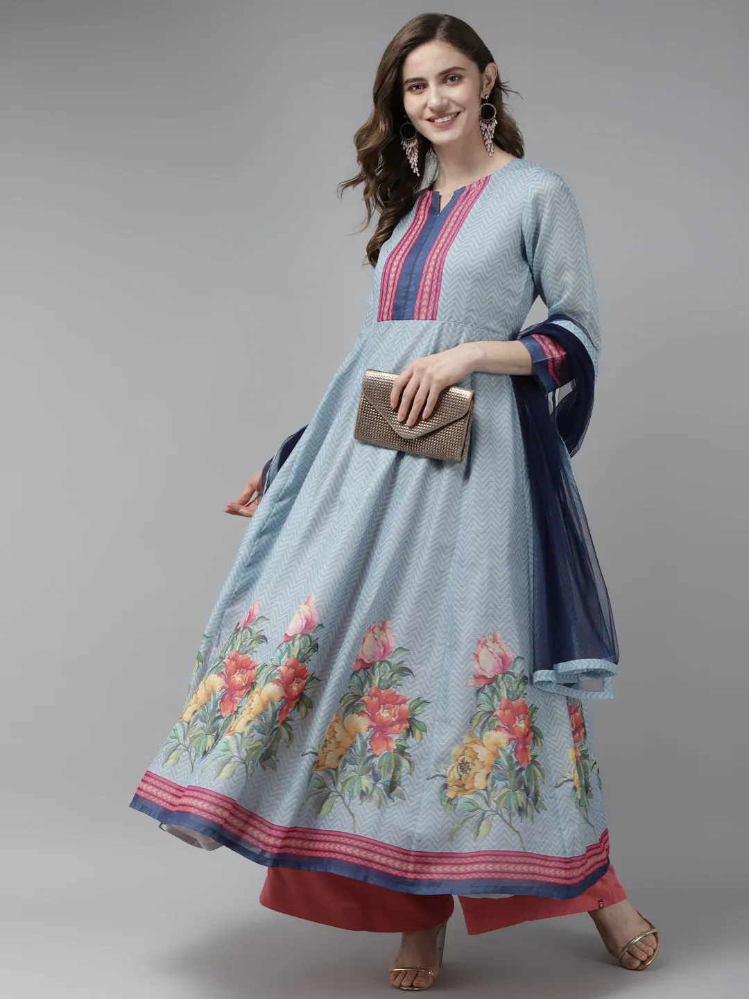 Blue & Pink Floral Printed Chanderi Silk Anarkali Kurta & Dupatta