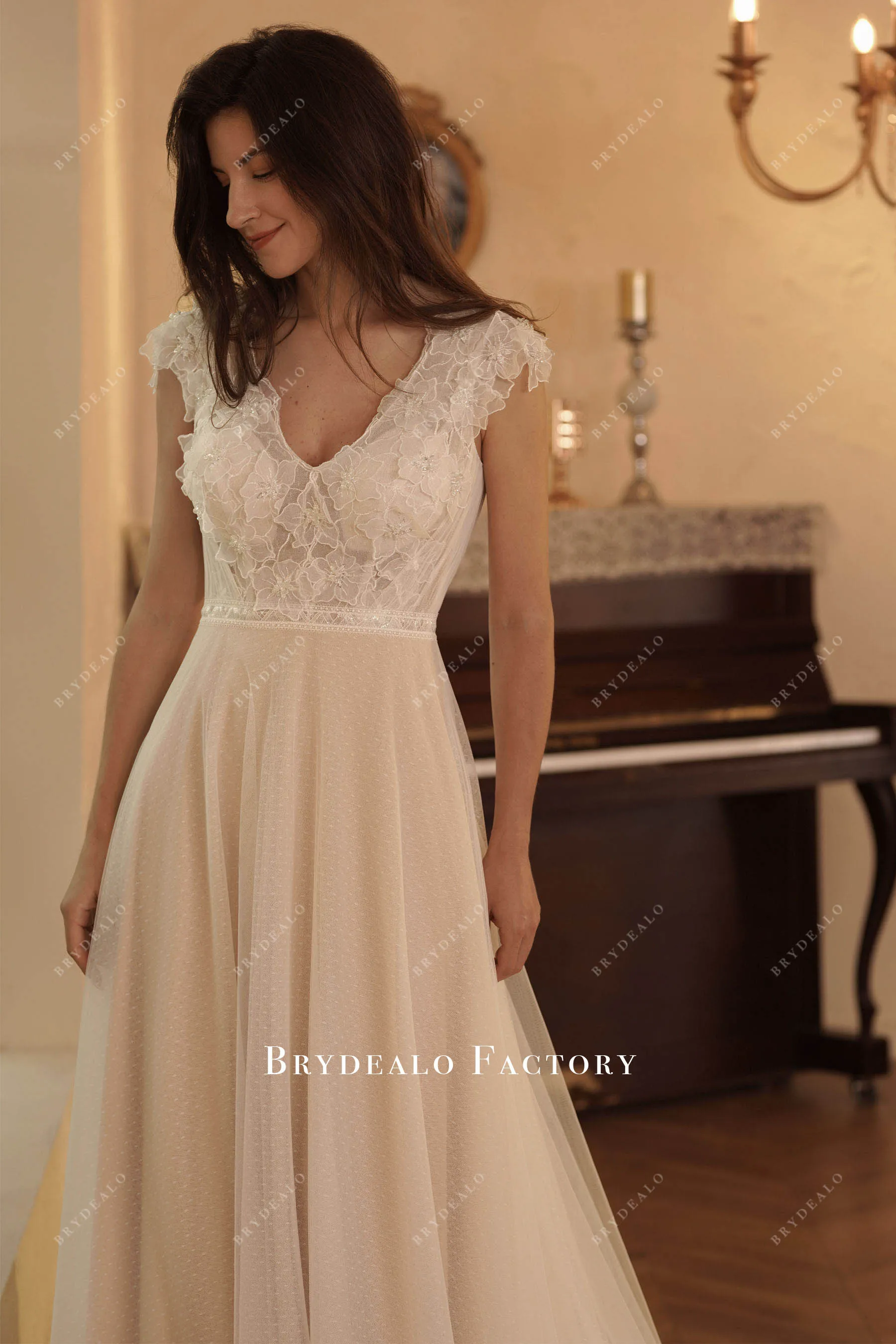 Boho Cap Sleeve Beaded Flower Aline Wedding Dress