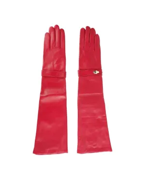 Cavalli Class Red Leather Long Gloves with Gold Buckle