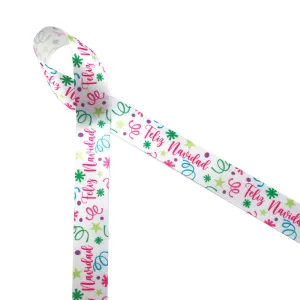 Feliz Navidad Ribbon with confetti and streamers in pink, green, blue and purple printed on 7/8" white single face satin 10 yrds