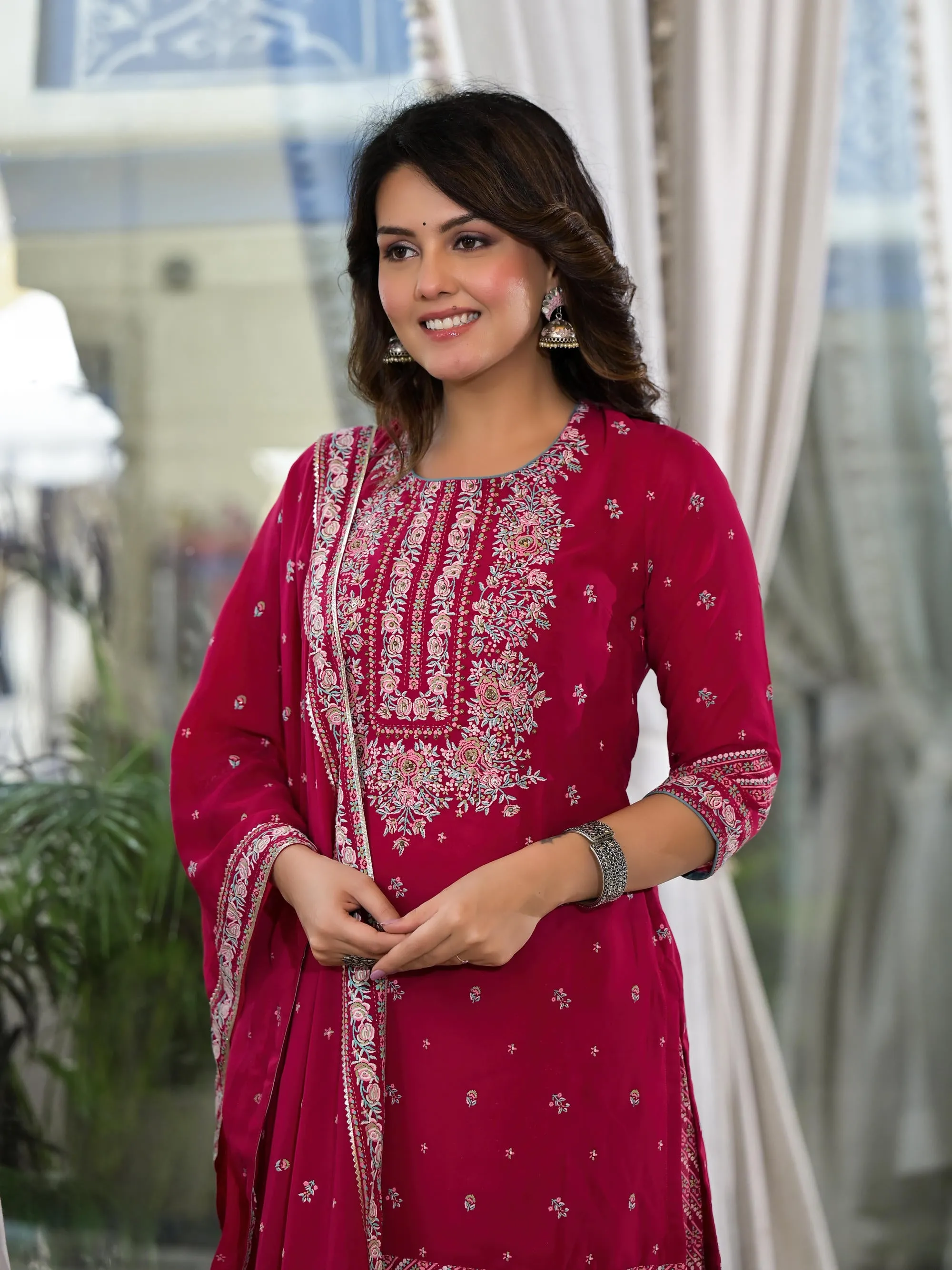 Fuchsia Floral Printed Georgette Kurta Sharara & Dupatta Set With Sequins