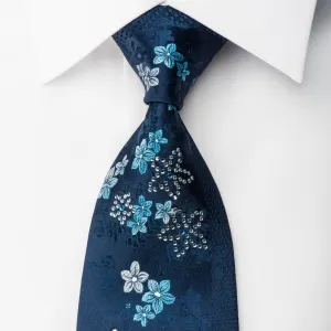 Grang Cia Rhinestone Silk Necktie Floral On Blue With Blue Sparkles