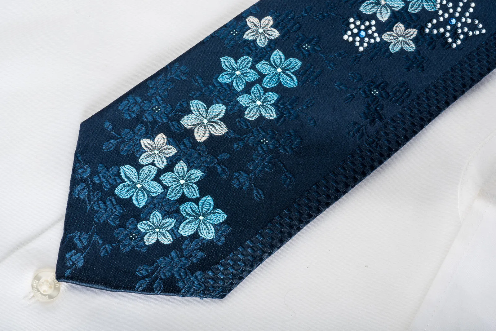 Grang Cia Rhinestone Silk Necktie Floral On Blue With Blue Sparkles