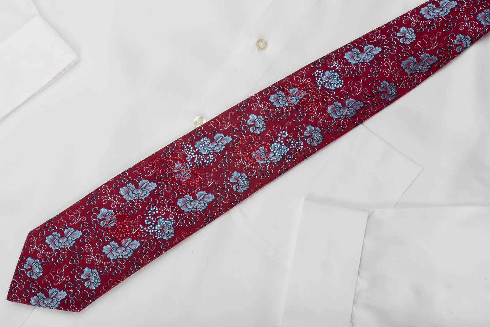 Grang Cia Rhinestone Tie Blue Floral On Red With Blue Sparkles