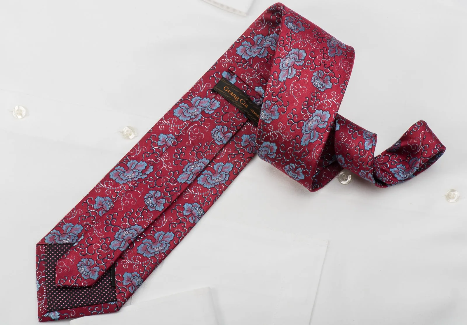 Grang Cia Rhinestone Tie Blue Floral On Red With Blue Sparkles