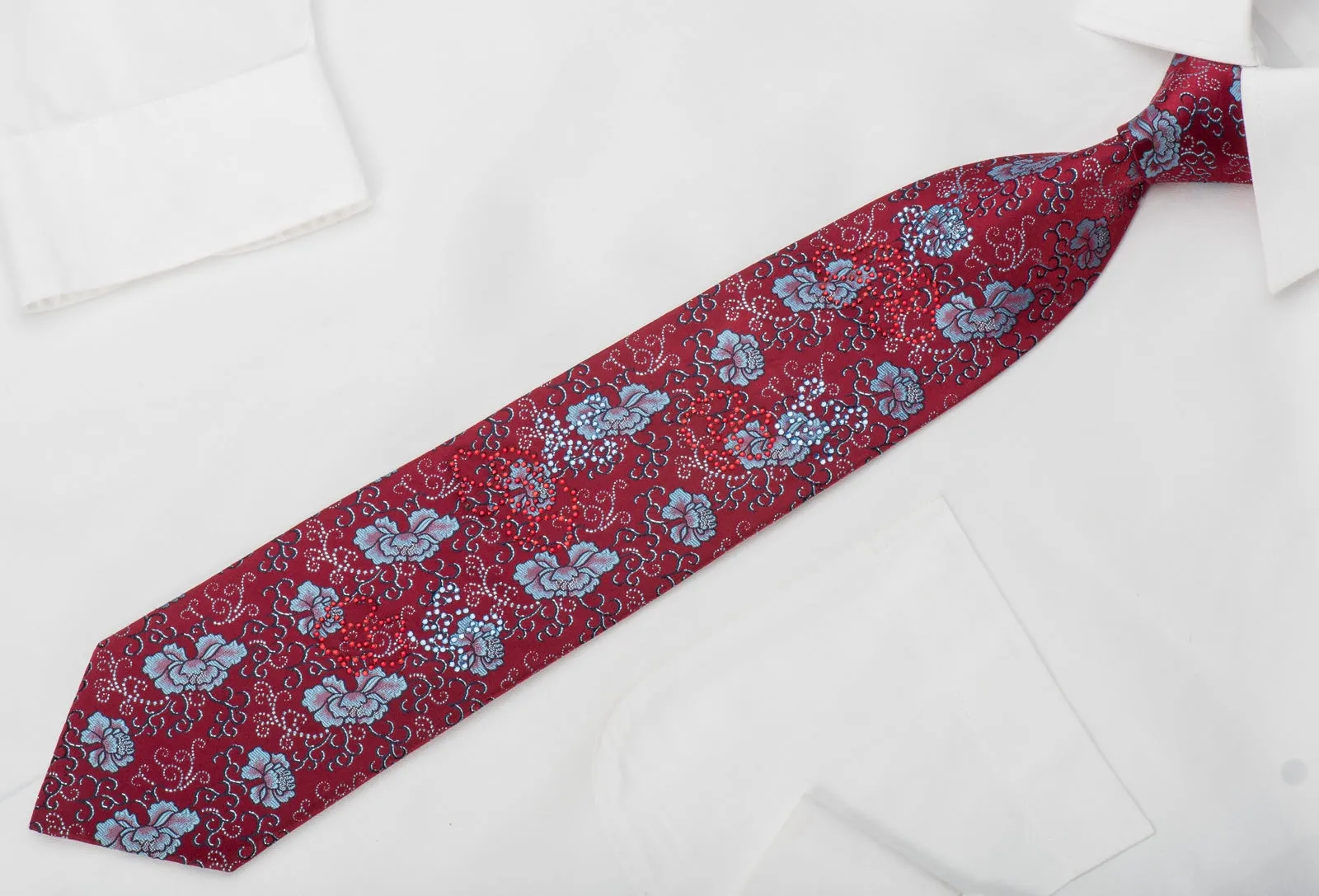 Grang Cia Rhinestone Tie Blue Floral On Red With Blue Sparkles