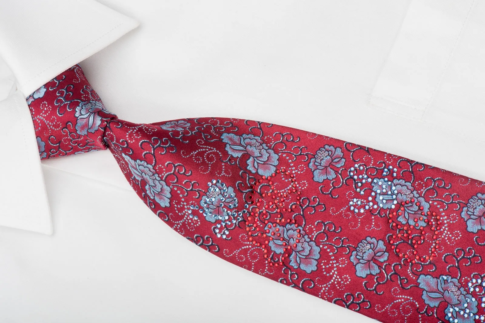 Grang Cia Rhinestone Tie Blue Floral On Red With Blue Sparkles