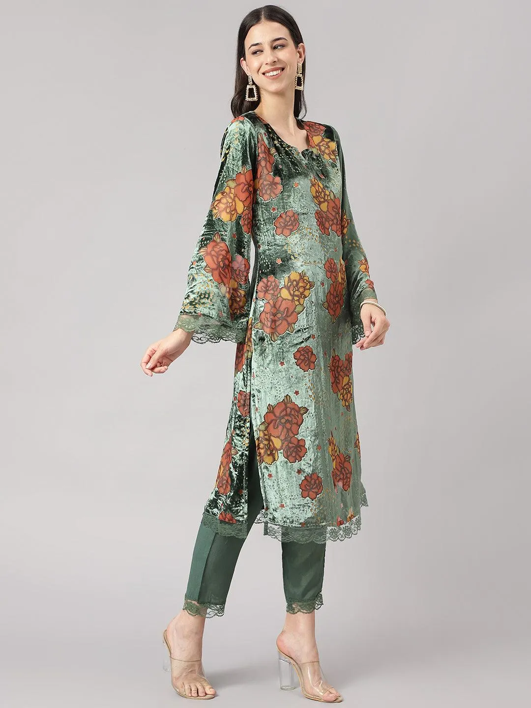 Green Burn Out Velvet Kurta Harem Pant With Organza Dupatta