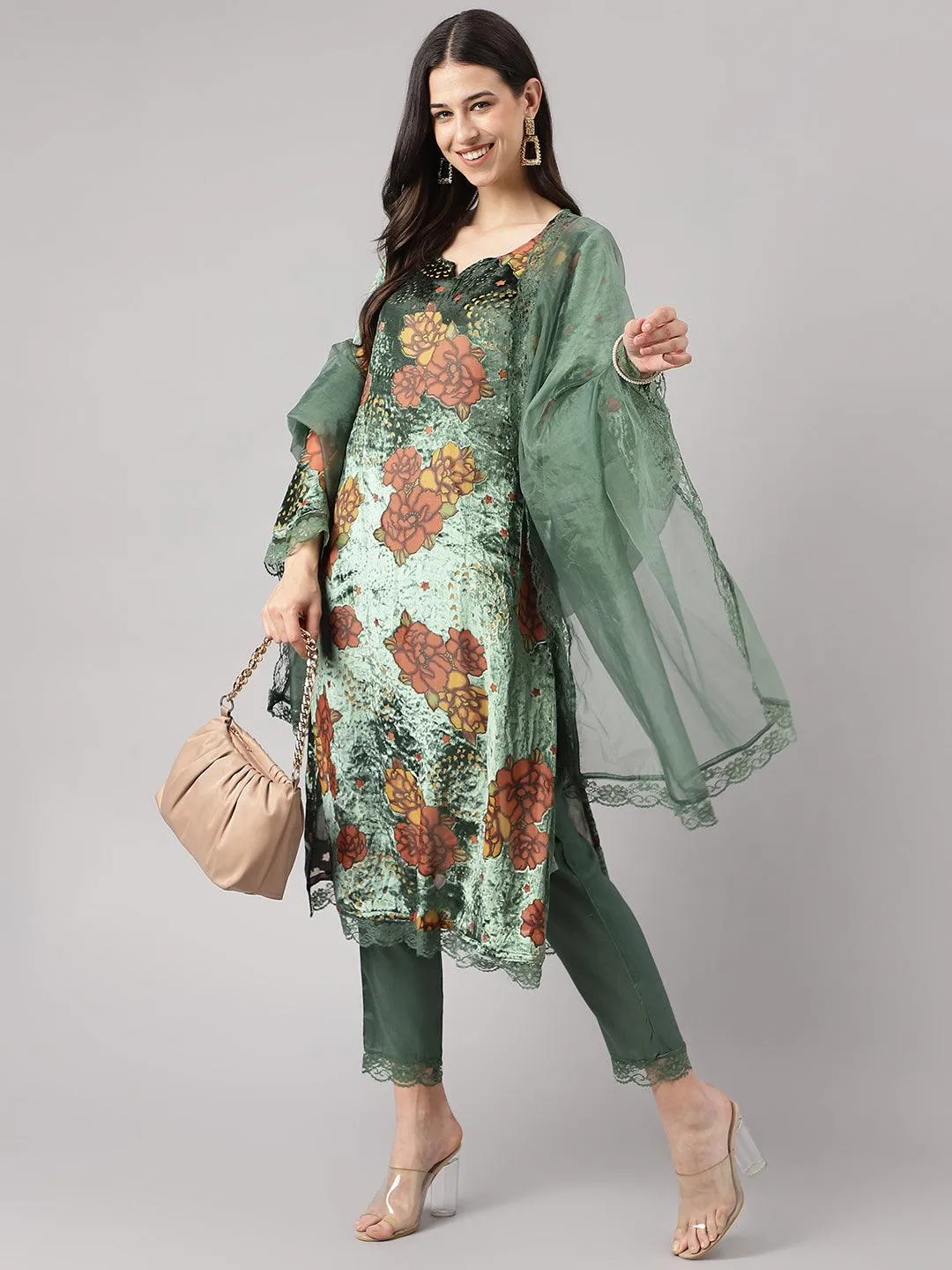 Green Burn Out Velvet Kurta Harem Pant With Organza Dupatta