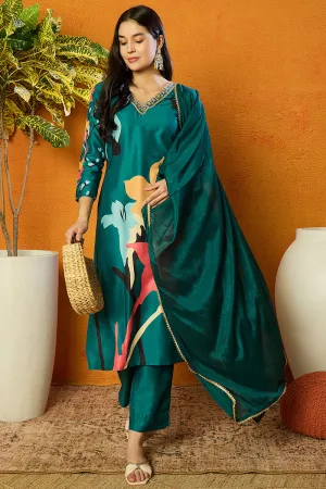 Green Silk Blend Floral Printed Straight Suit Set