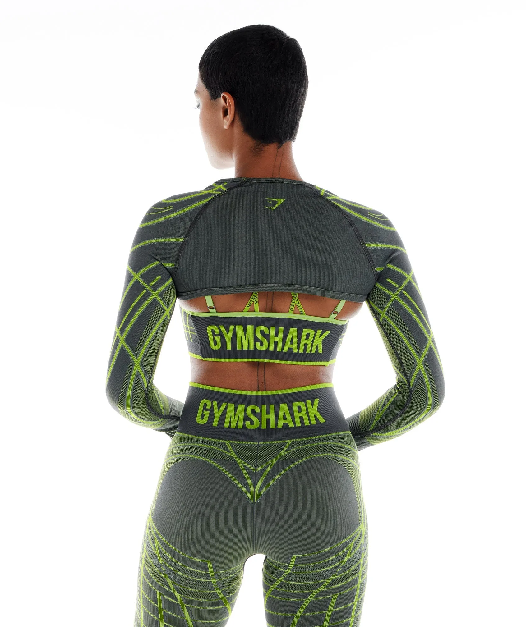 Gymshark Wtflex Linear Seamless Long Sleeve Shrug -  Charcoal Grey/Fluo Green/Light Grey