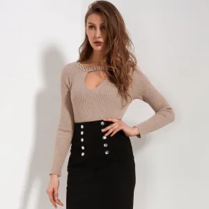 Hollow Out Beaded Long Sleeve Sweater