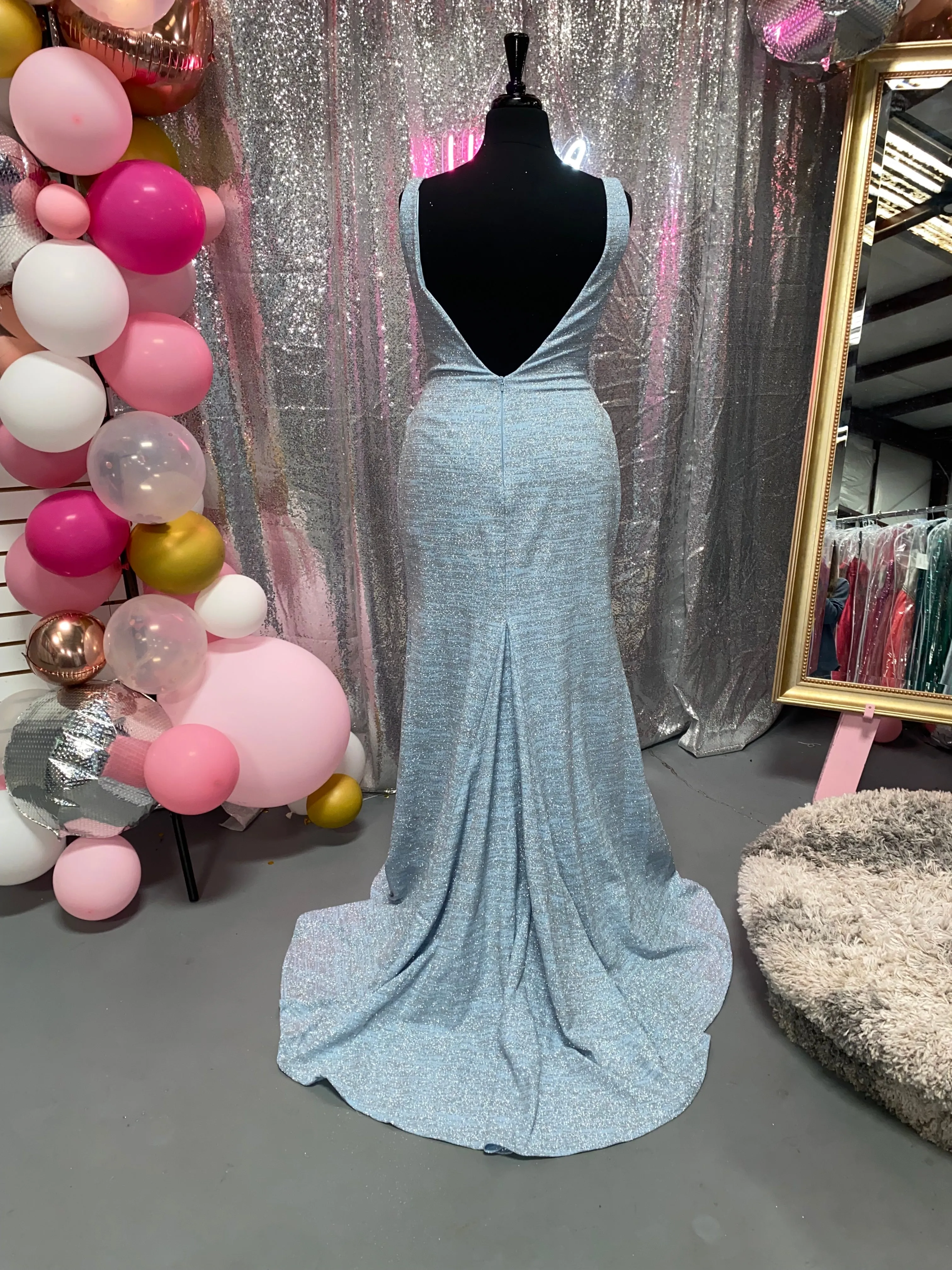 JOVANI 02472 Metallic Glitter Knit Jersey Fitted Dress with Slit - Hot Pink or Soft Blue