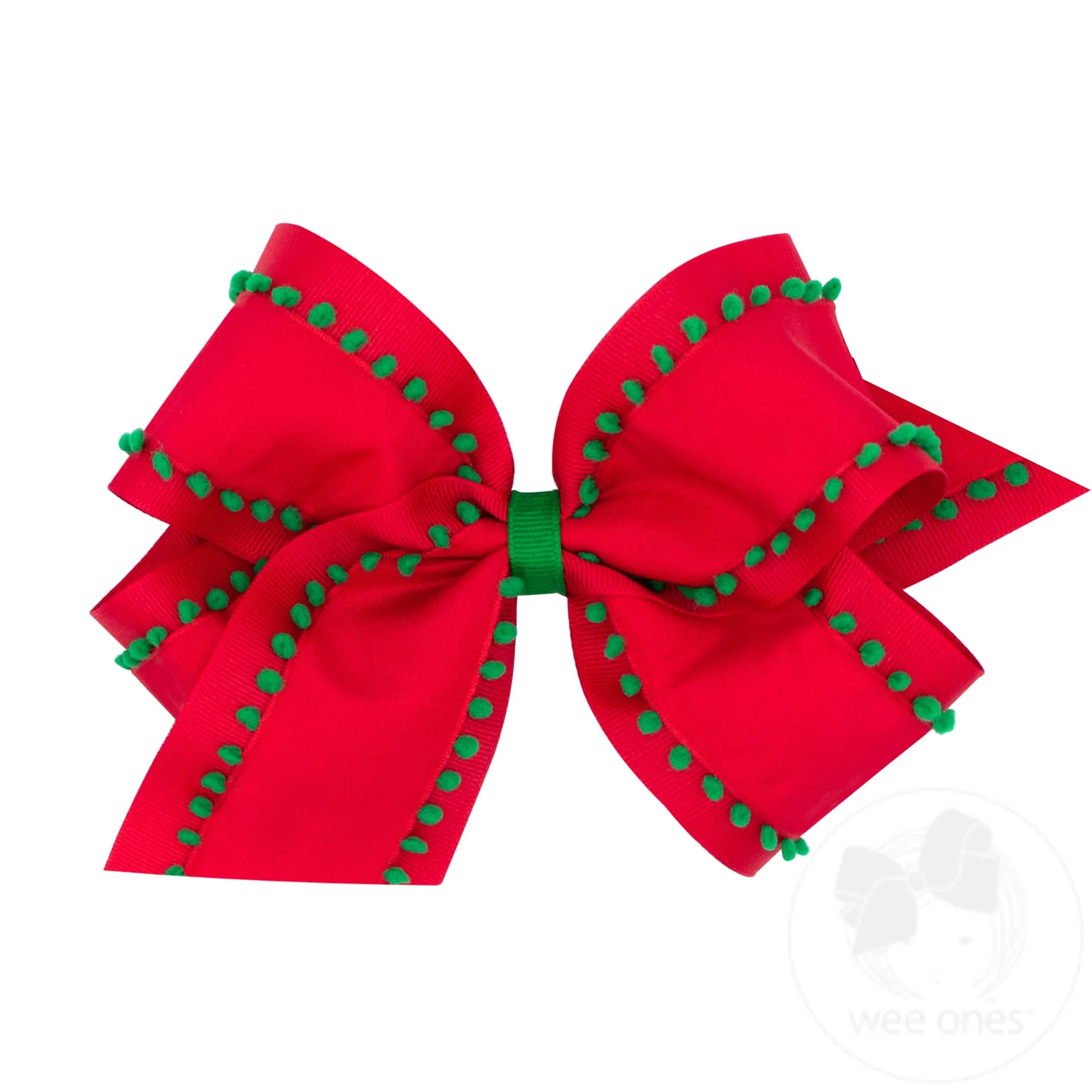 King Holiday Style Pom-Pom Edge Grosgrain Overlay Girls Hair Bow