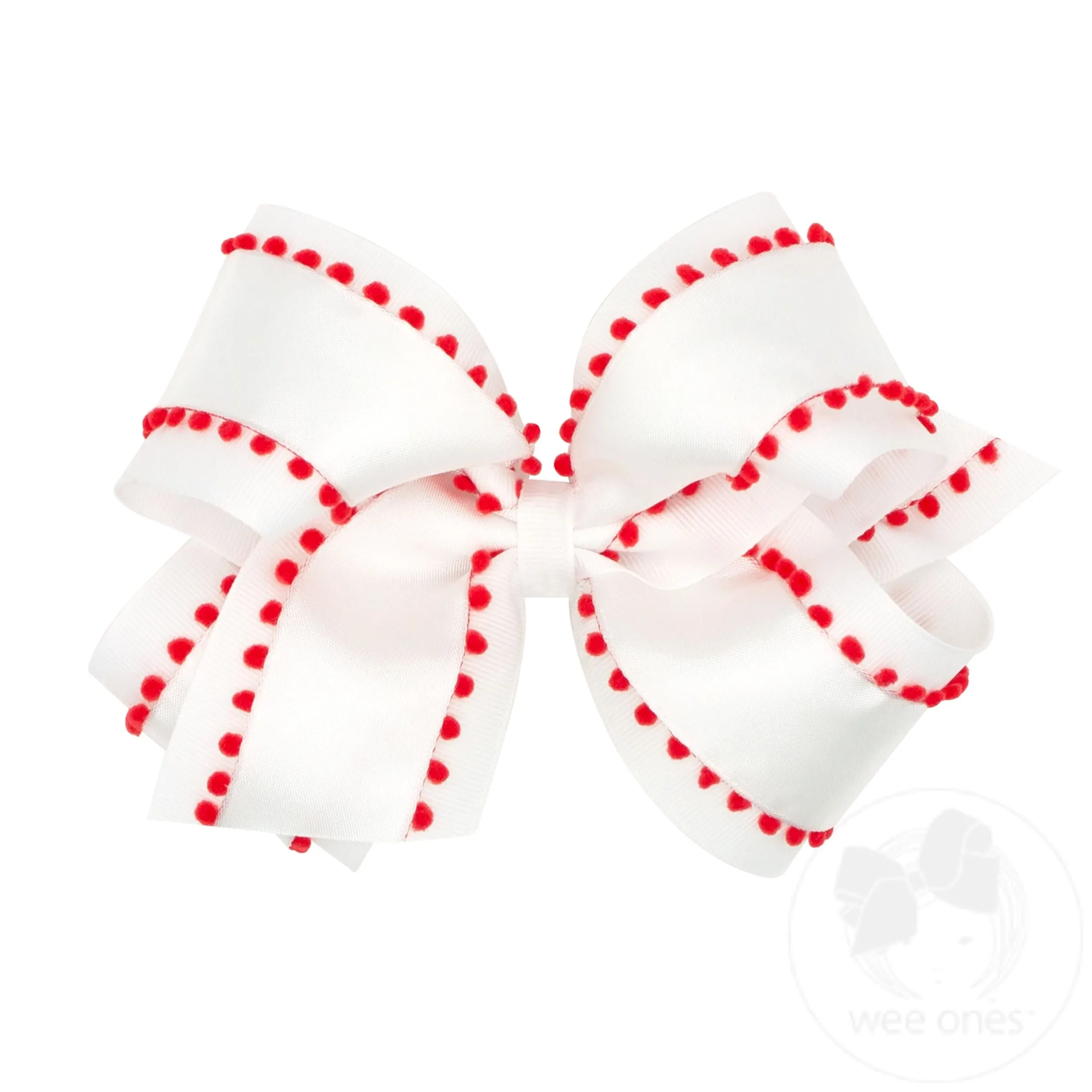 King Holiday Style Pom-Pom Edge Grosgrain Overlay Girls Hair Bow