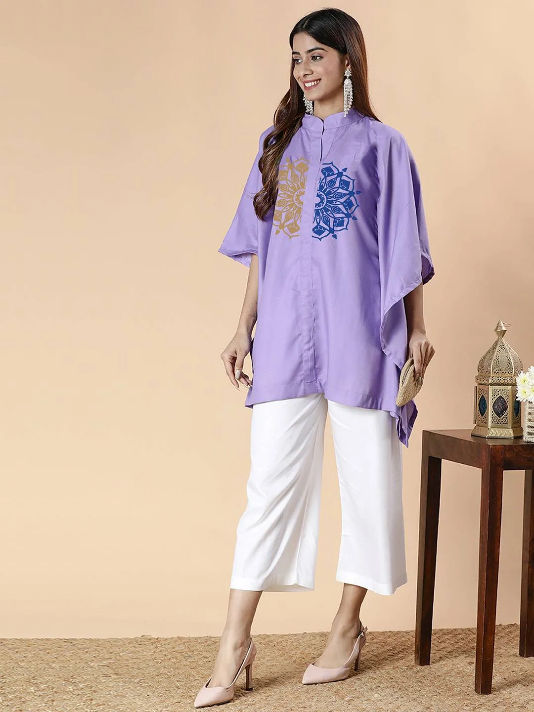 Lavender Rayon MandarinKurti - ArtisticFusion