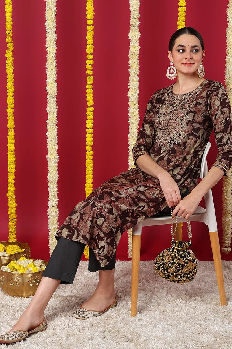 Maroon Silk Blend Floral Printed Straight Kurta