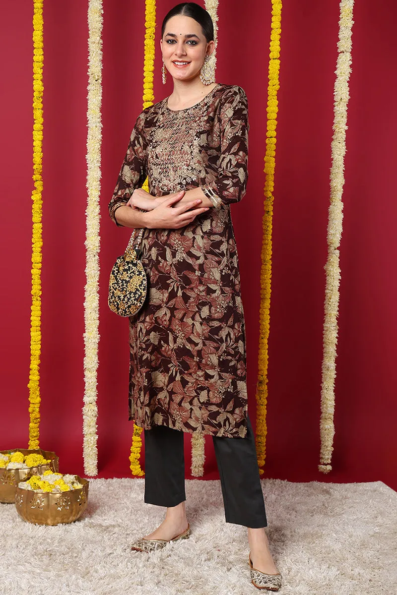 Maroon Silk Blend Floral Printed Straight Kurta