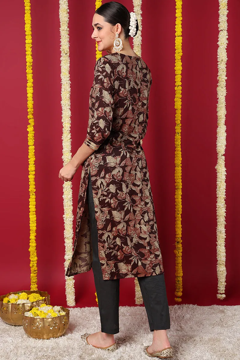 Maroon Silk Blend Floral Printed Straight Kurta