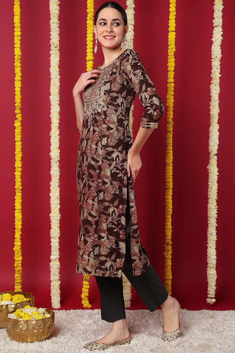 Maroon Silk Blend Floral Printed Straight Kurta