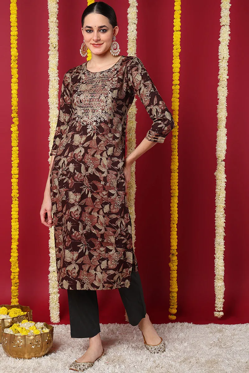 Maroon Silk Blend Floral Printed Straight Kurta