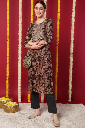 Maroon Silk Blend Floral Printed Straight Kurta