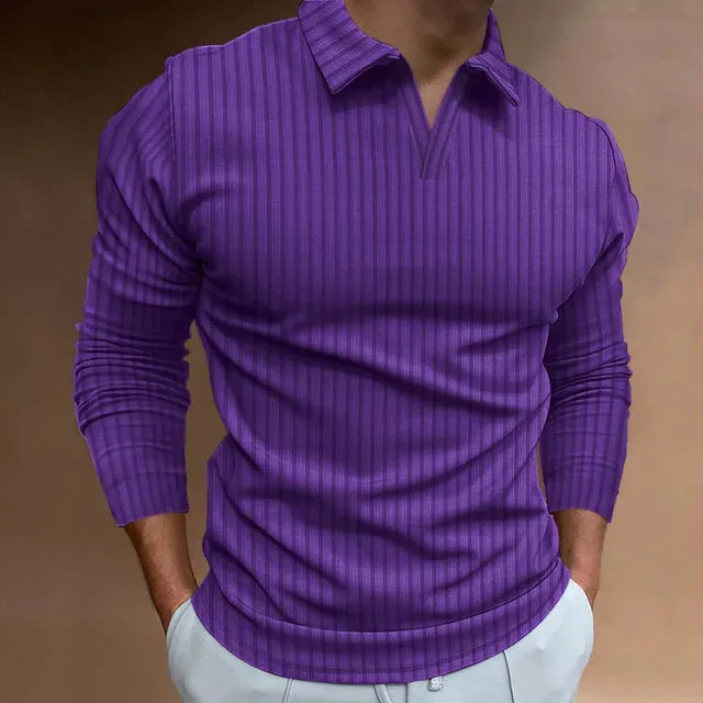 Men's Striped V-Neck Long Sleeve Polo Shirt