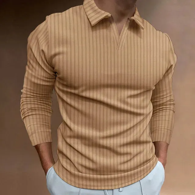 Men's Striped V-Neck Long Sleeve Polo Shirt