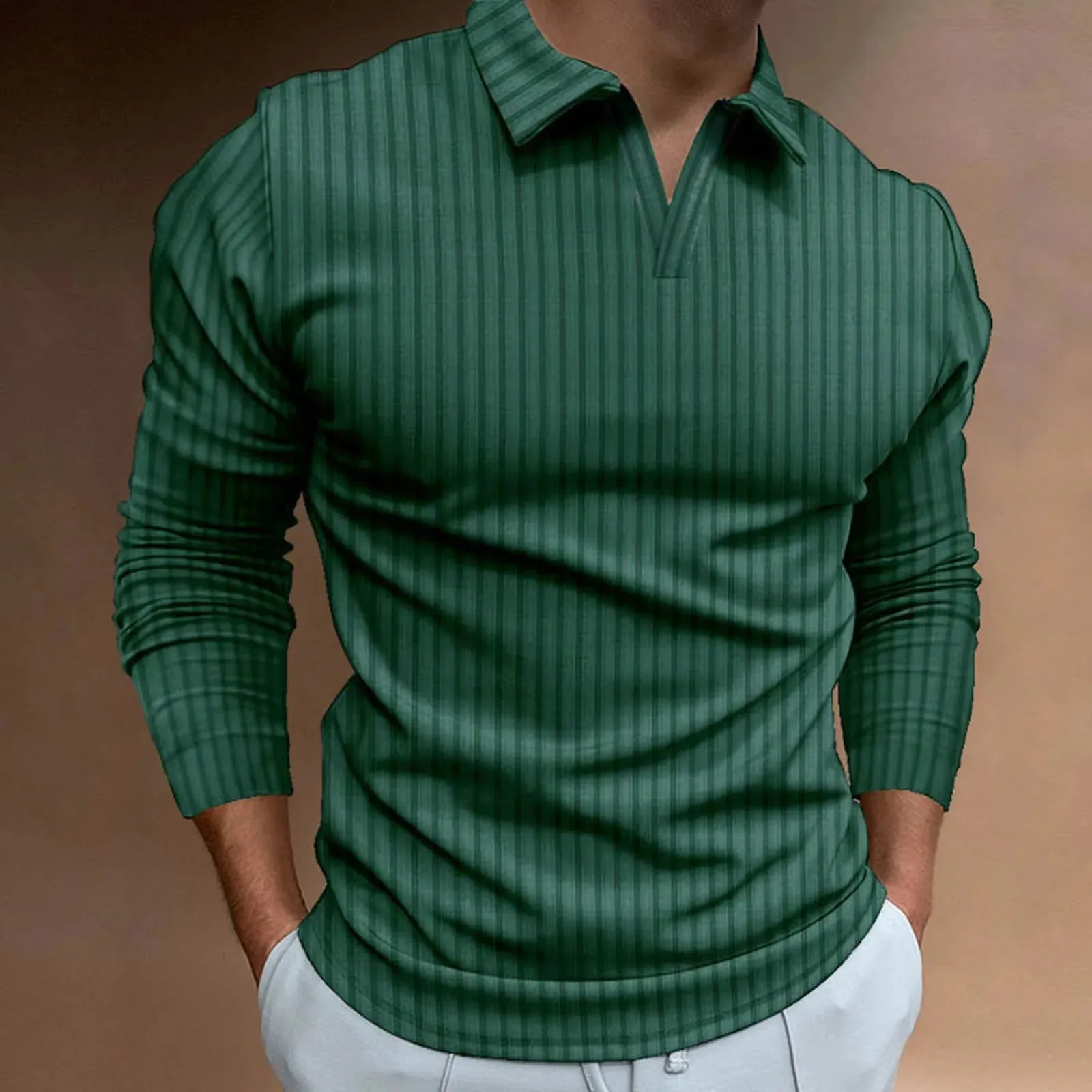 Men's Striped V-Neck Long Sleeve Polo Shirt