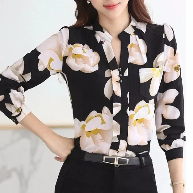 Office Work Ladies Wear V-Neck Slim Fashionable Chiffon Casual Office Top