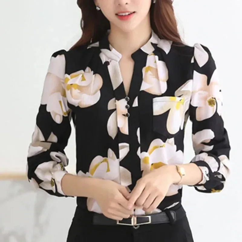 Office Work Ladies Wear V-Neck Slim Fashionable Chiffon Casual Office Top