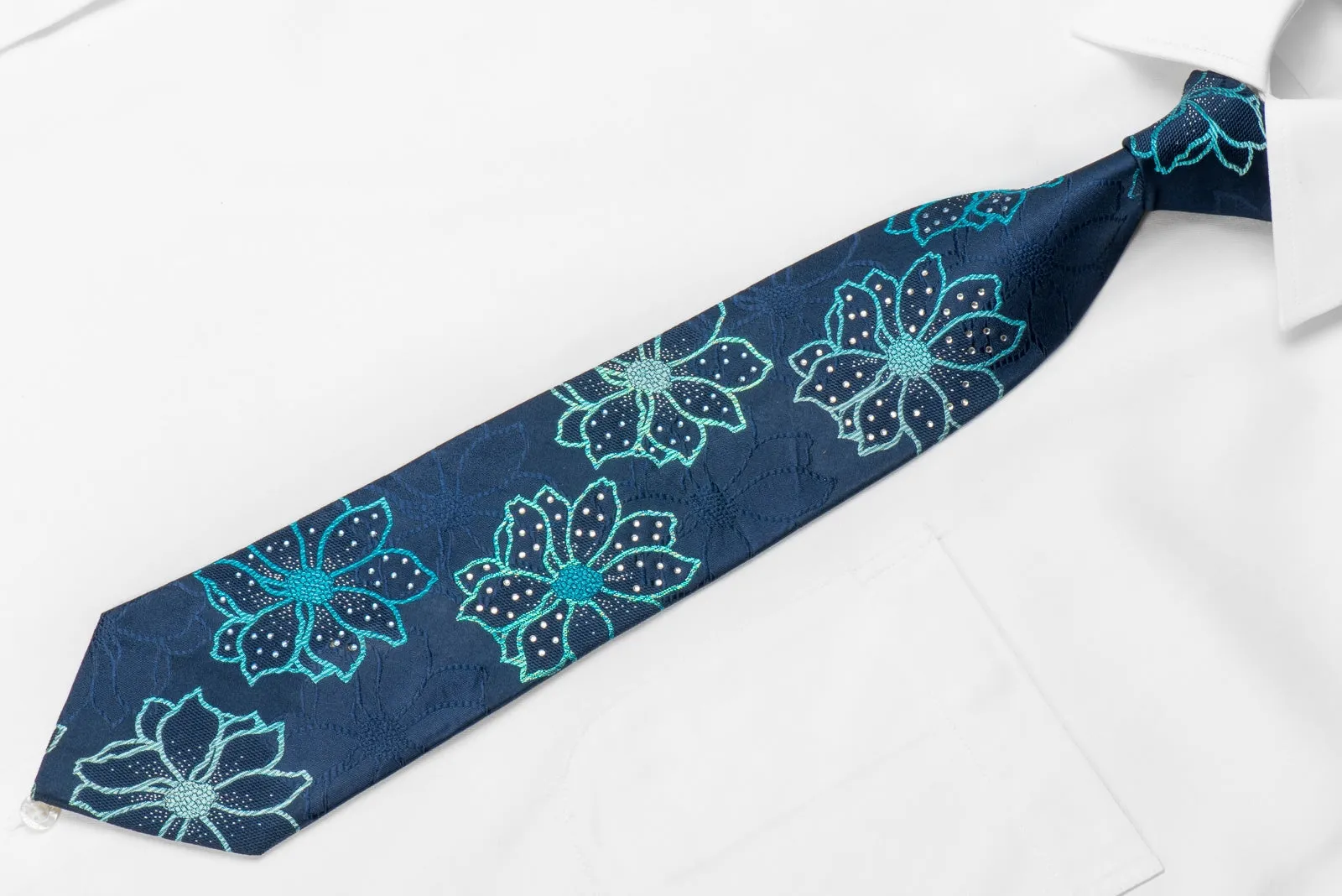 OVO Classic Men's Crystal Silk Necktie Floral On Blue With Silver Sparkles