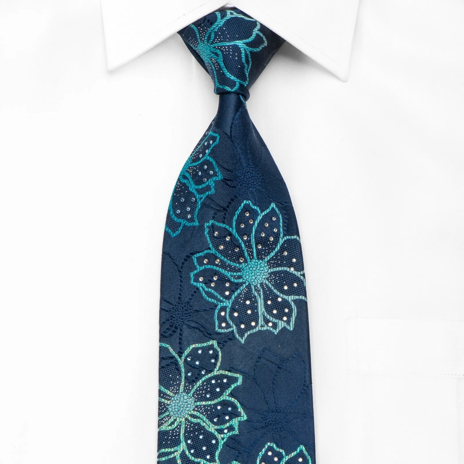 OVO Classic Men's Crystal Silk Necktie Floral On Blue With Silver Sparkles