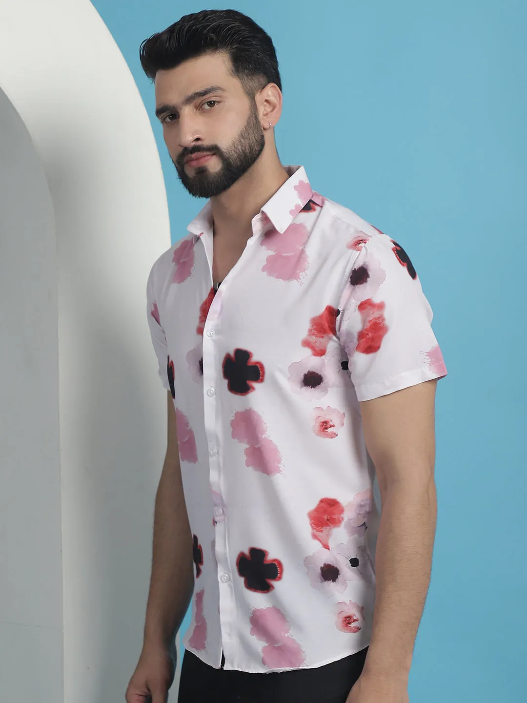 Pink Floral Printed Cotton Casual Shirt