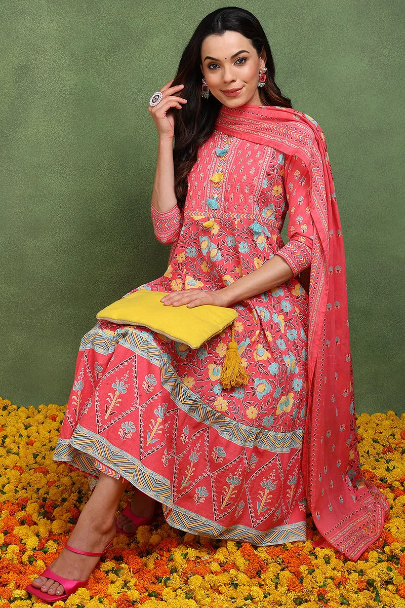 Pink Pure Cotton Floral Printed Anarkali Suit Set