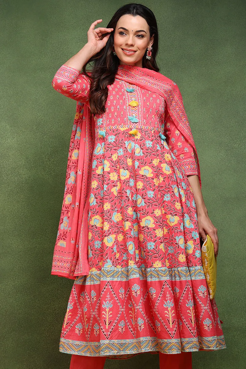 Pink Pure Cotton Floral Printed Anarkali Suit Set