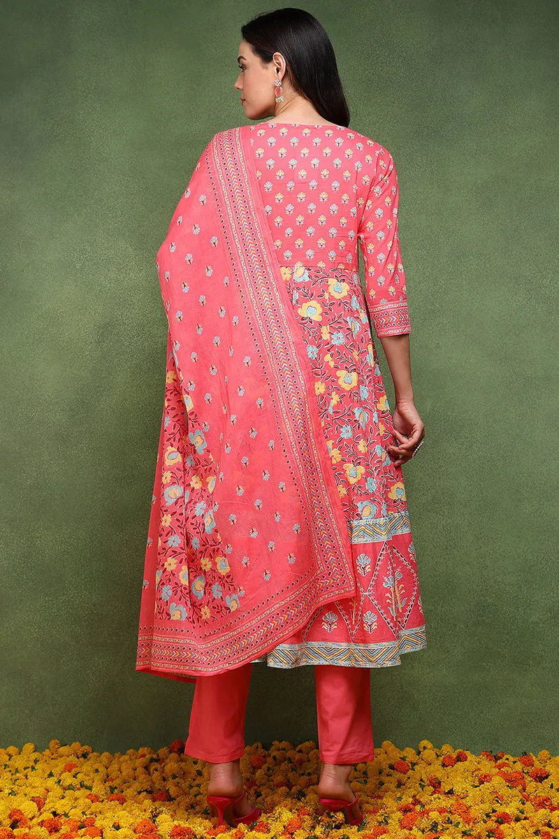 Pink Pure Cotton Floral Printed Anarkali Suit Set