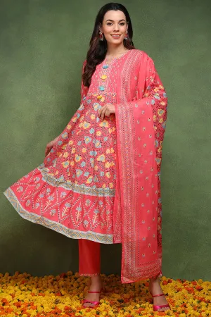 Pink Pure Cotton Floral Printed Anarkali Suit Set