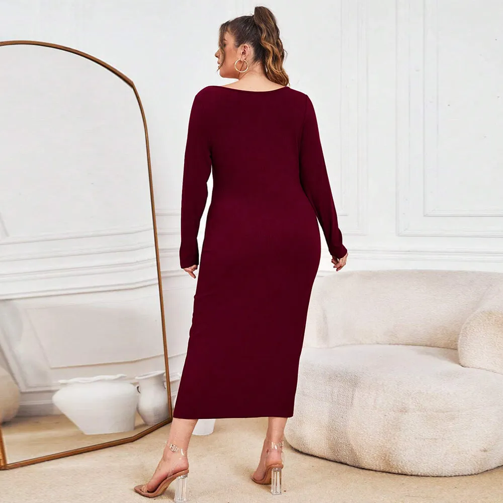 Plus Size Sexy Knitted V neck Maxi Dress