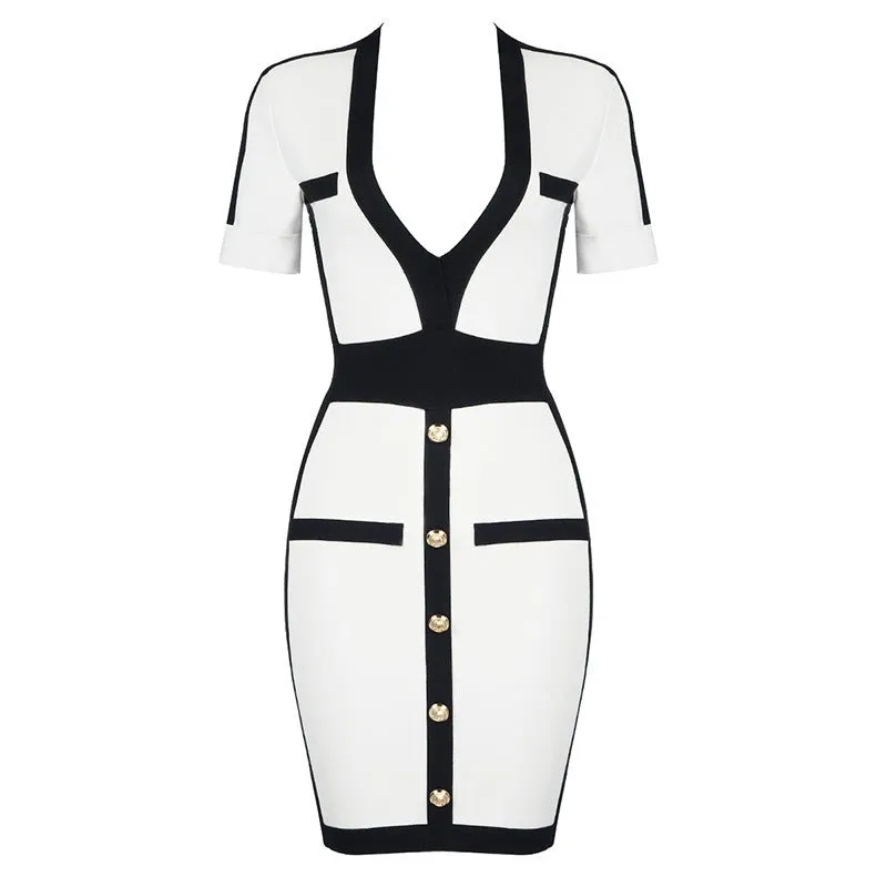 Pre Order:  V-Neck Patchwork One Line Button Bodycon Dress