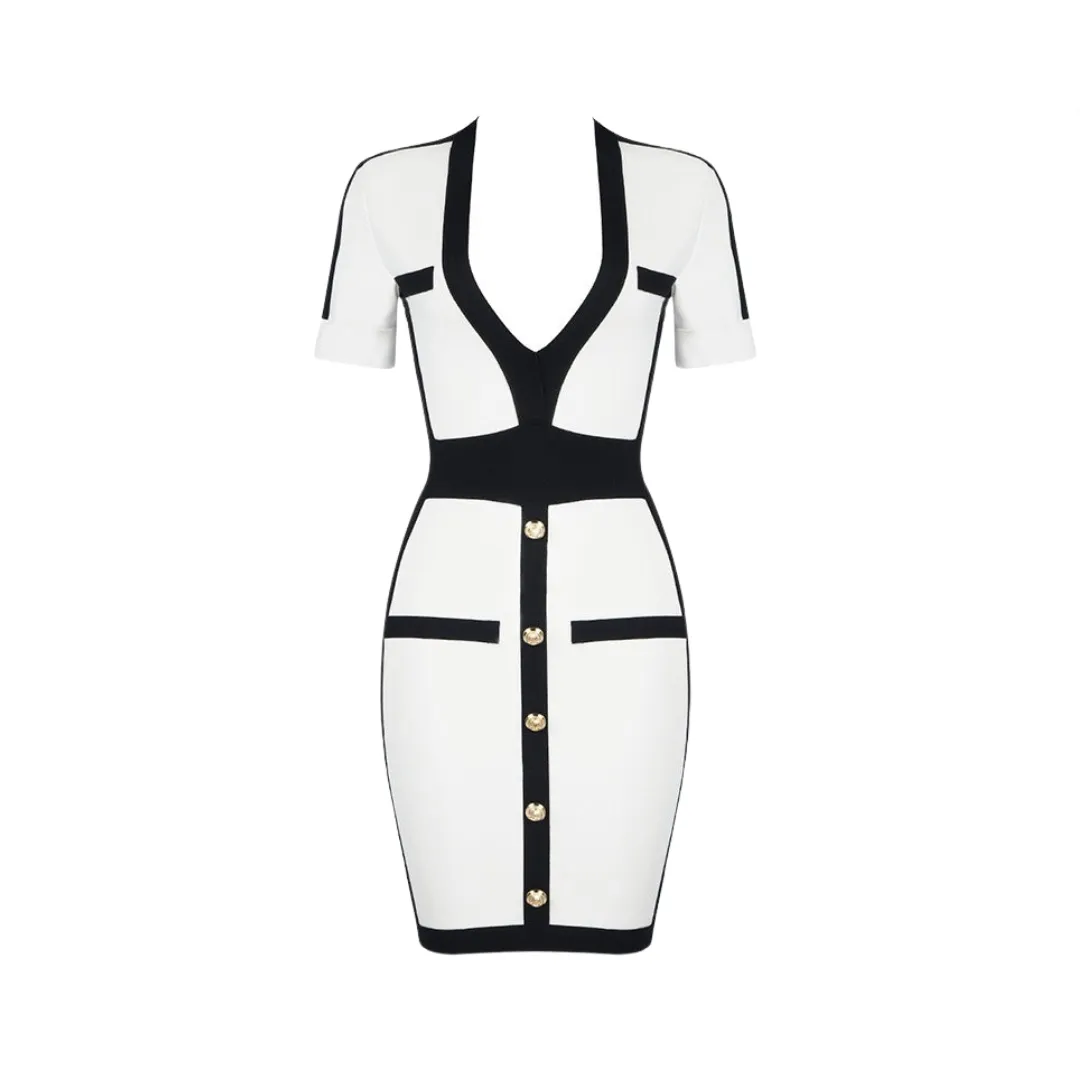 Pre Order:  V-Neck Patchwork One Line Button Bodycon Dress