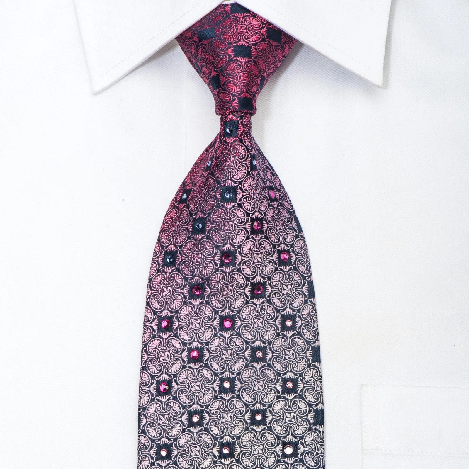 Purple Pink Cartouche On Navy Men's Silk Tie Sparkling With Rhinestones