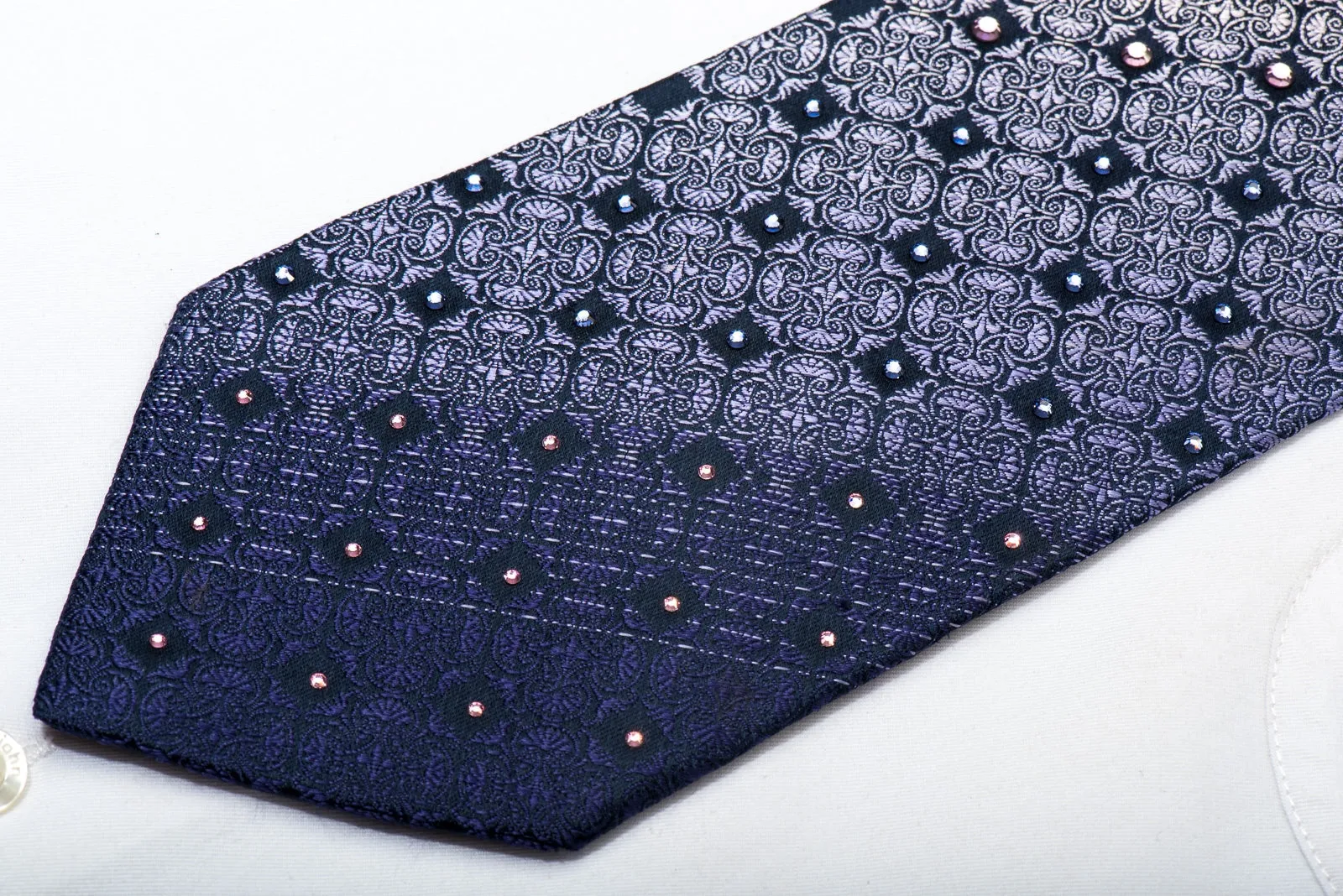 Purple Pink Cartouche On Navy Men's Silk Tie Sparkling With Rhinestones