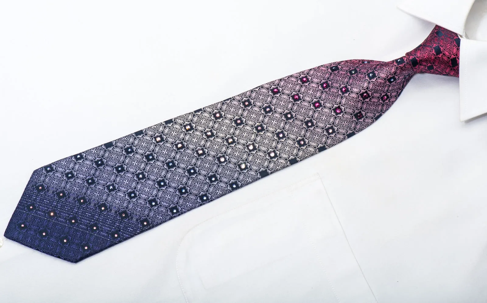 Purple Pink Cartouche On Navy Men's Silk Tie Sparkling With Rhinestones