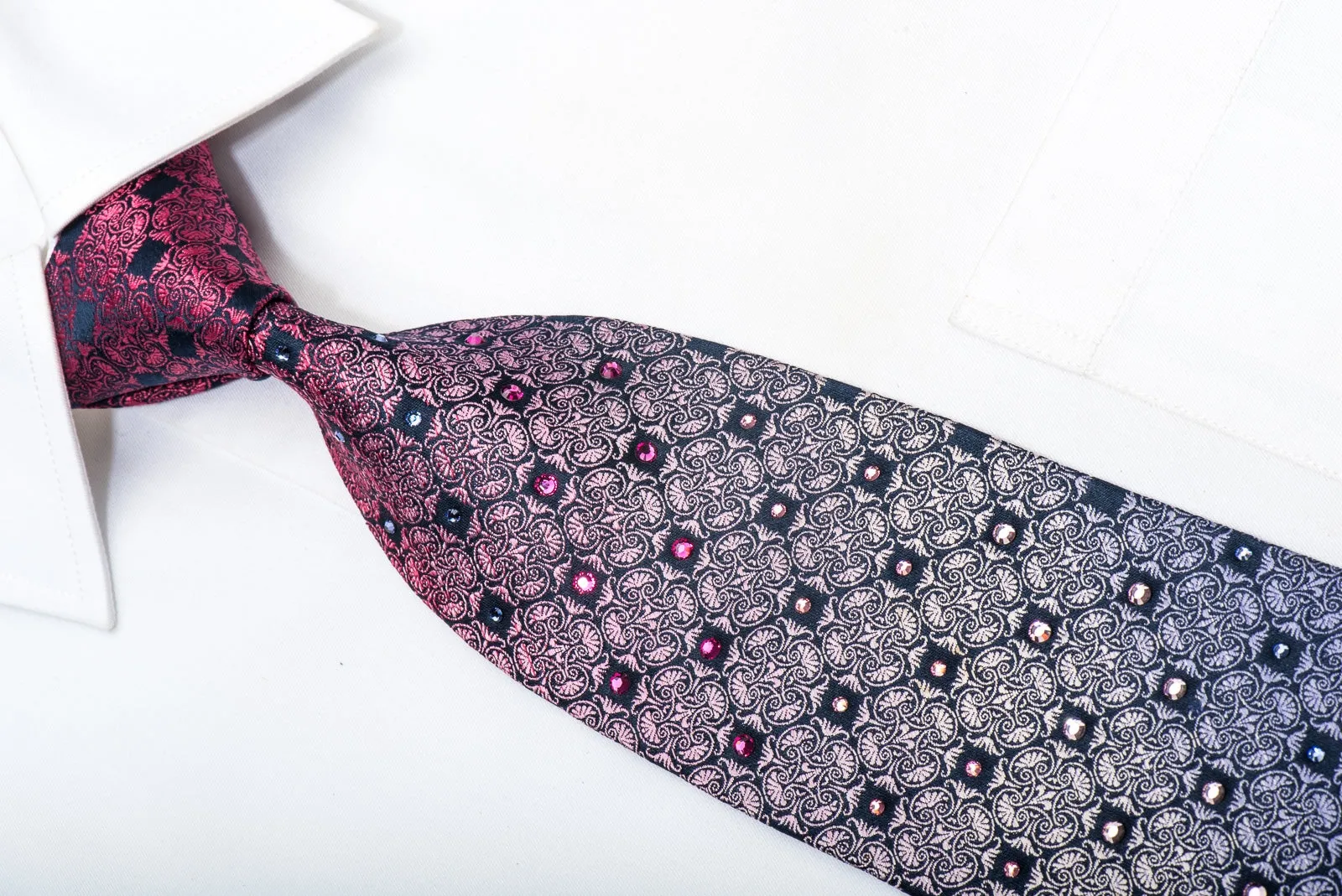 Purple Pink Cartouche On Navy Men's Silk Tie Sparkling With Rhinestones