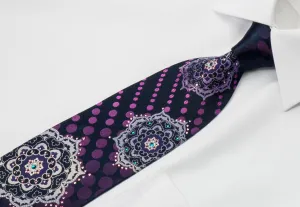 Renoma Men's Silk Necktie Silver Medallions On Navy Blue With Crystal Rhinestones