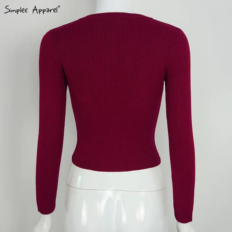 Simplee Apparel autumn warm pullover red short knitted sweater Women tops elastic Autumn Winter 90's crop top long female tops