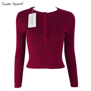 Simplee Apparel autumn warm pullover red short knitted sweater Women tops elastic Autumn Winter 90's crop top long female tops