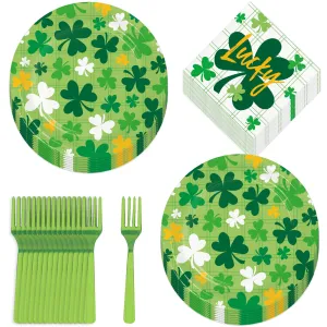 St. Patrick's Day Dark Green & Yellow Shamrock Plates, Beverage Napkins, and Forks